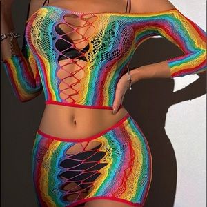 Rainbow Striped Crisscross Cut Out Off Shoulder Mesh Top & Skirt ~NEW